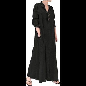 Women's Casual Button Down Cotton Long Shirt Dress